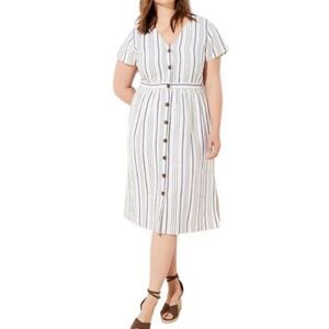 Loft Plus White Blue Striped Line Blend V-Neck Button Up SS Midi Shirt Dress 16